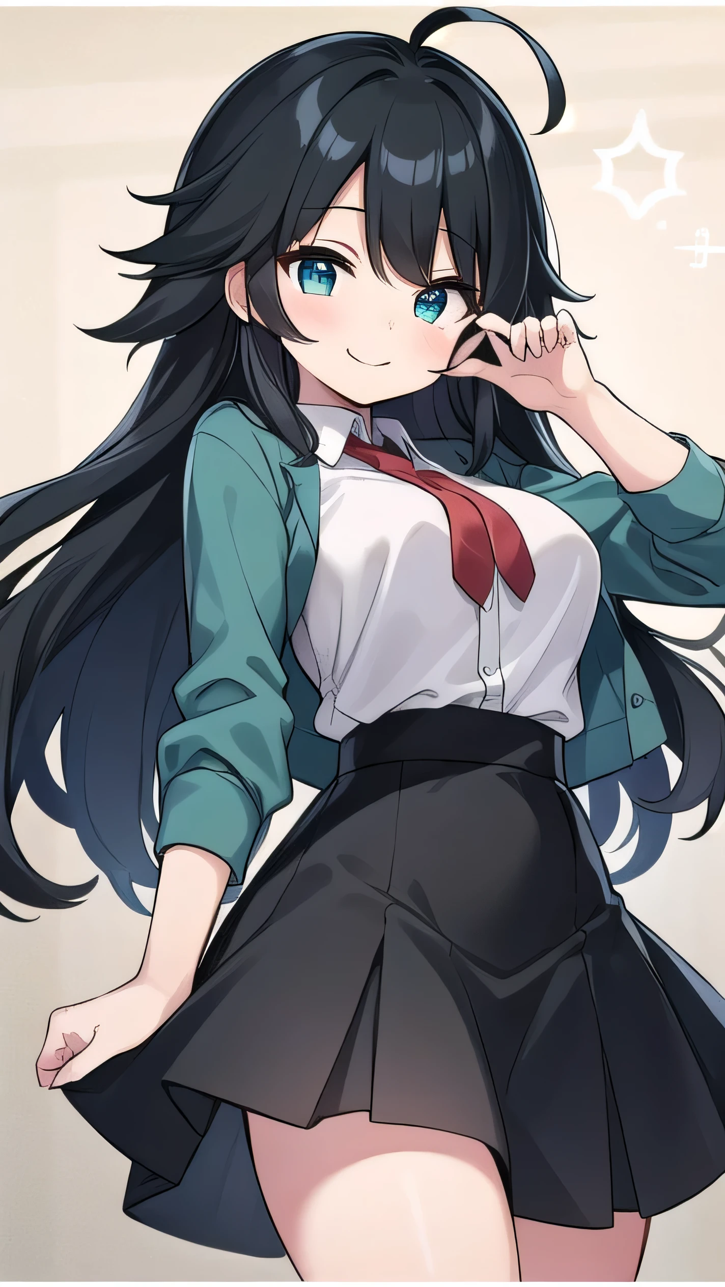 Junior high school student who looks like an elementary school student, 14 years old, very short, 140 cm tall, black hair with a slight green tinge, short ahoge, beautiful long hair but with a little hair sticking out, beautiful round eyes, blue eyes, smile, boyish, long sleeves, Thick clothes, skirt, big breasts, hair longer than waist, long hair, childish face, gentle smile, a little shy, black skirt, black hair with a slight green tinge, boyish, gentle smile, jacket one size larger, ( Deep greenish black hair: 1.3)