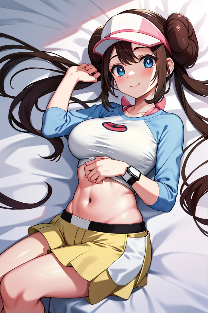 masterpiece, top-quality, hight resolution, RO1, Hair buns, blue eyess, Twin-tailed, Visor Cap, raglan sleeves, Yellow shorts, The shirt, Pink ribbon, Watches,large full breasts、、appealing breast、breastso、sexy tummy, tetas grandes, solo, 1girl, BEDROOM background, hands on chest, embarrased, blush, smile, lying on bed,