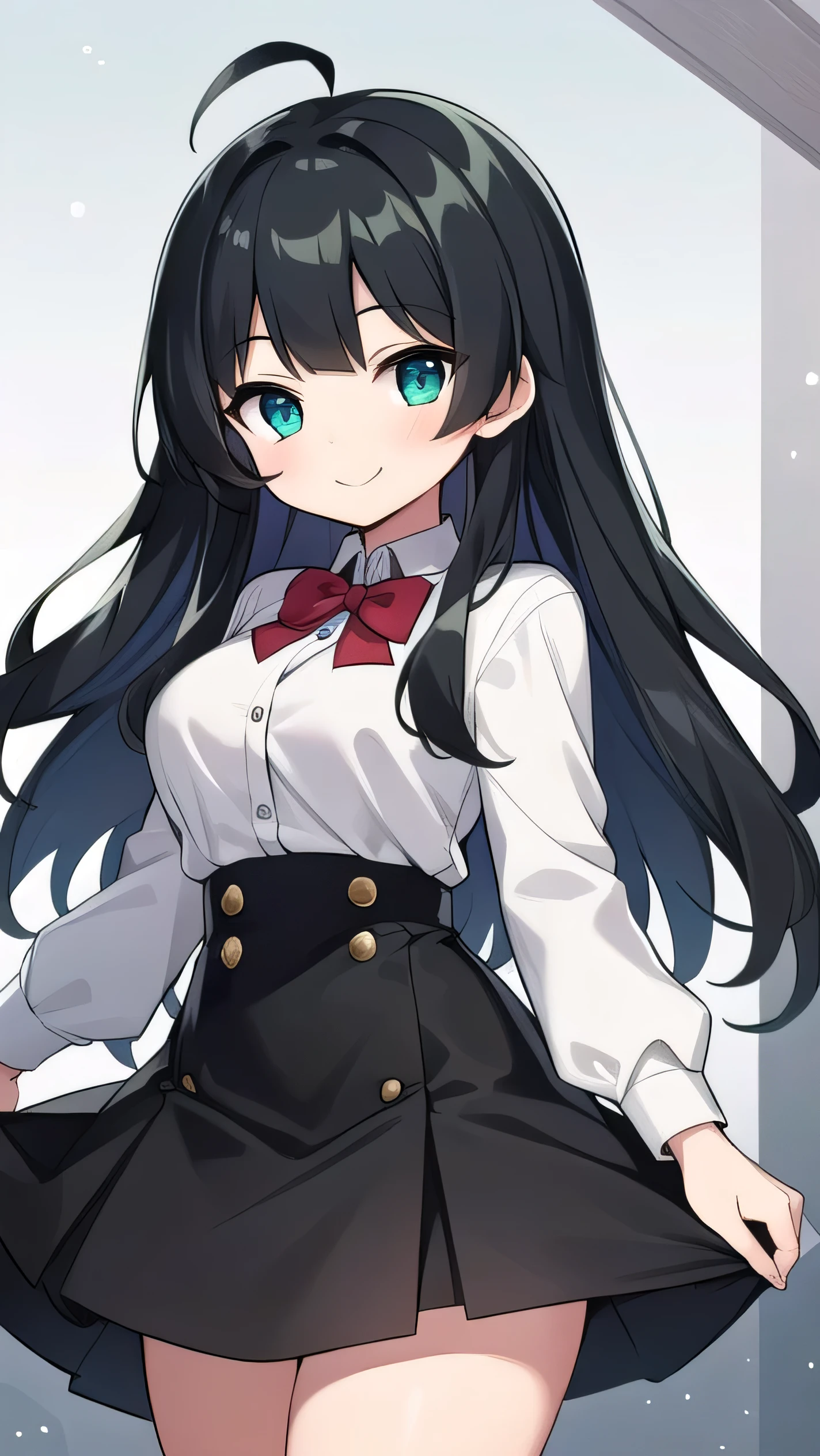 Junior high school student who looks like an elementary school student, 14 years old, very short, 140 cm tall, black hair with a slight green tinge, short ahoge, beautiful long hair but with a little hair sticking out, beautiful round eyes, blue eyes, smile, boyish, long sleeves, Thick clothes, skirt, big breasts, hair longer than waist, long hair, childish face, gentle smile, a little shy, black skirt, black hair with a slight green tinge, boyish, gentle smile, jacket one size larger, ( Deep greenish black hair: 1.3)