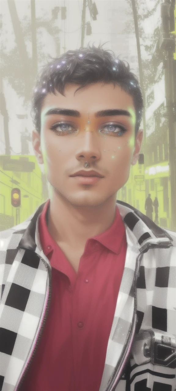 An award winning master piece photo of a cyborg man with psychedelic colors standing in a city street at night in the rain, wearing neon-colored glowing goggles, 8k, (high quality:1.1), (cinematic feeling:1.1), dark deep shadows, incredibly intricate detailing, art , (up close:1.1), from above, looking at viewer, (light sparkles:1.1), (chromatic aberration,:1.2) background with floating light artifacts