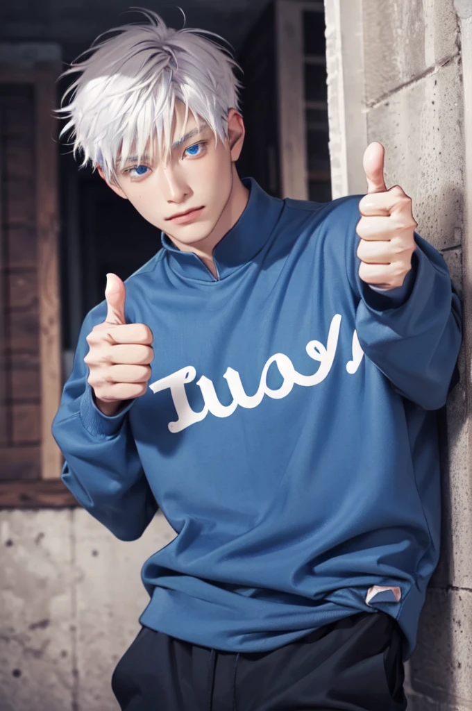 Incrs404,english text,Written On Clothes,1male,portrait,satoru gojo,white hair,short hair,hair between eyes,blue eyes,colored eyelashses,(thumbs_up:1.4),(cowboy_shot:1.3),