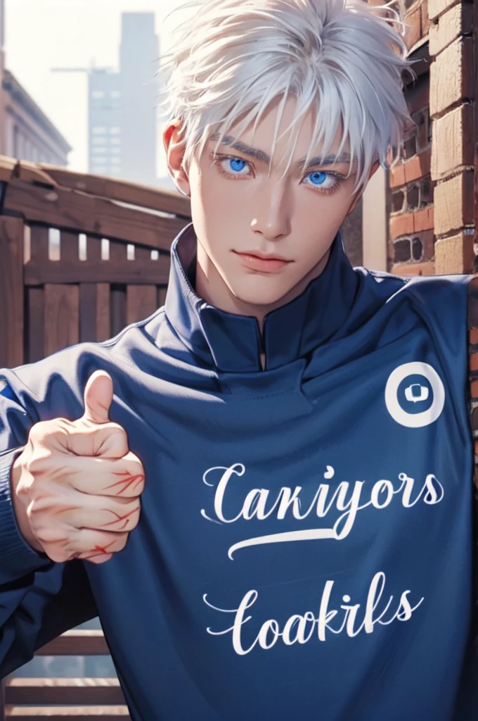 Incrs404,english text,Written On Clothes,1male,portrait,satoru gojo,white hair,short hair,hair between eyes,blue eyes,colored eyelashses,(thumbs_up:1.4),(cowboy_shot:1.3),