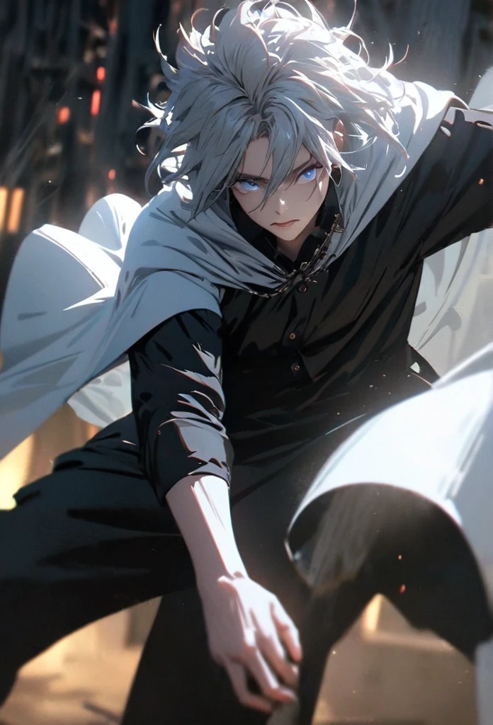 (solo), white hair, messy hair, mane hair, short hair, dense hair, wild hair, expressive hair, mature,(25 year old), pale skin, blue eyes, ((male)), wearing a black dress shirt, wearing a white cloak,, rolled up sleeves, handsome, attractive, eye reflection, depth of field, blue thunder aura, blue cinematic lighting, blue ray tracing, depth of field, cinematic lighting, blue ray tracing, UHD, high details, best quality, highres, high quality, award winning, super detail, masterpiece, 8k, UHD, high details, best quality, highres, high quality, award winning, super detail, masterpiece, 8k, digital art, anime coloring, full body shot, body shot, In a fighting position, Hand to hand combat, good face, perfect face, detailed face, good eyes, looking towards the screen.