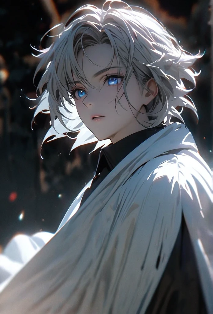 (solo), white hair, messy hair, mane hair, short hair, dense hair, wild hair, expressive hair, mature,(25 year old), pale skin, blue eyes, ((male)), wearing a black dress shirt, wearing a white cloak,, rolled up sleeves, handsome, attractive, eye reflection, depth of field, blue thunder aura, blue cinematic lighting, blue ray tracing, depth of field, cinematic lighting, blue ray tracing, UHD, high details, best quality, highres, high quality, award winning, super detail, masterpiece, 8k, UHD, high details, best quality, highres, high quality, award winning, super detail, masterpiece, 8k, digital art, anime coloring, full body shot, body shot, In a fighting position, Hand to hand combat, good face, perfect face, detailed face, good eyes, looking towards the screen.