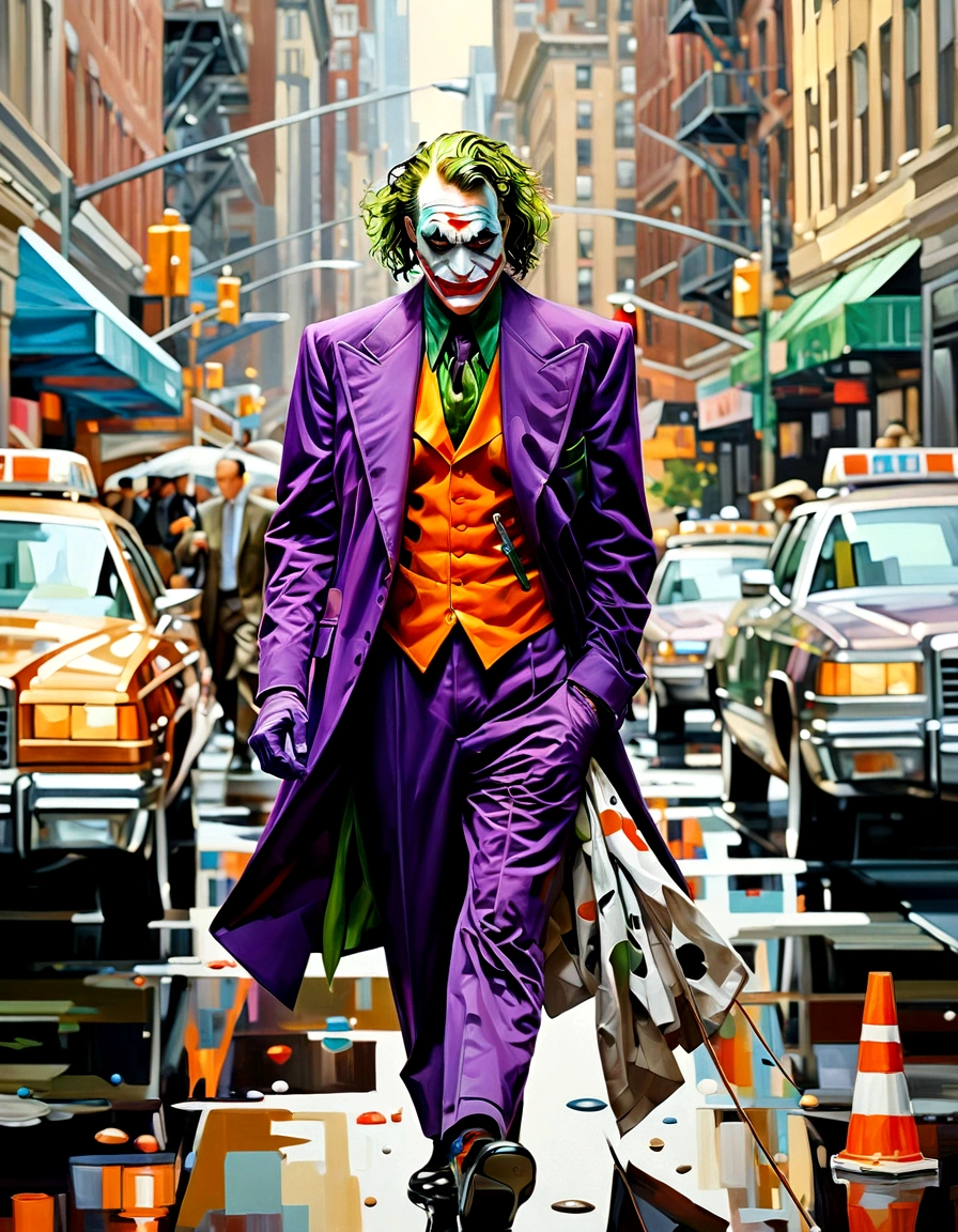 the joker walking through streets of new york, painting by Josef Kote, anatomically correct, 4K, super detail, best quality