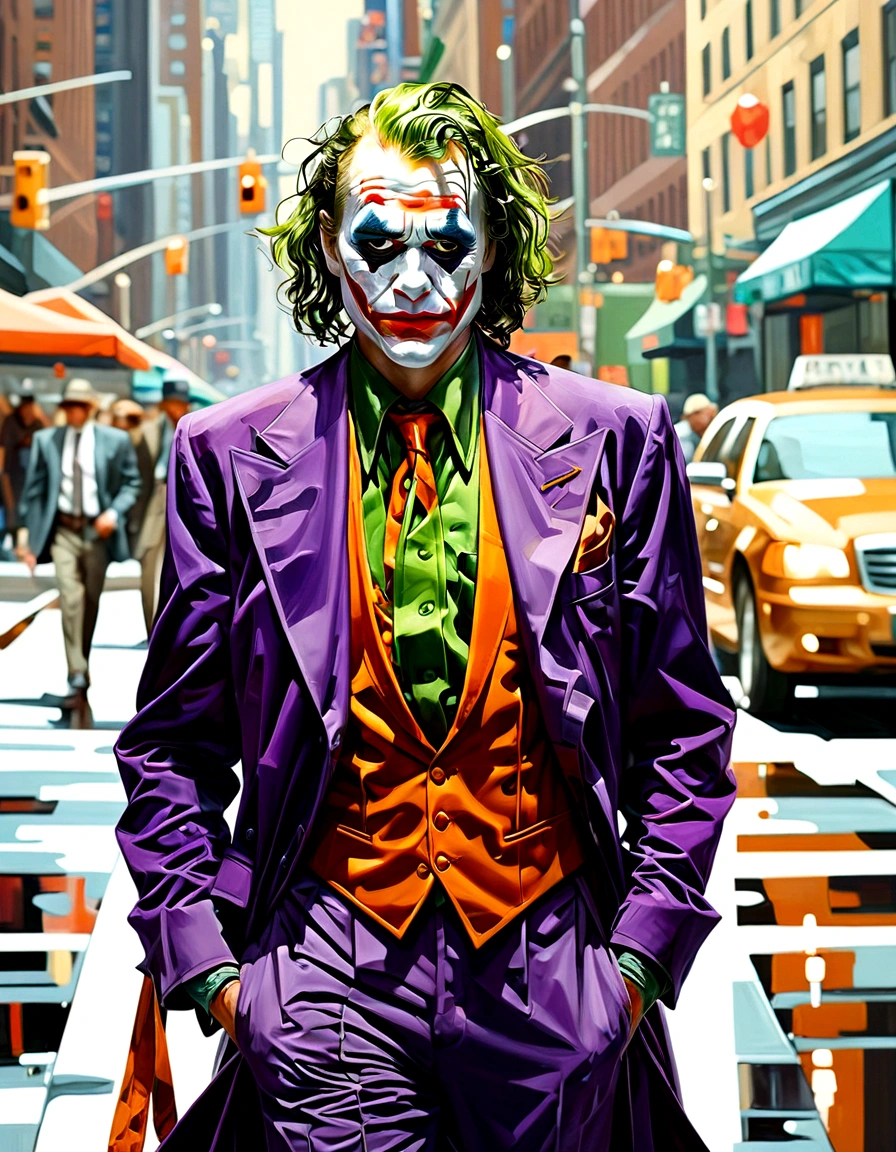 the joker walking through streets of new york, painting by Josef Kote, anatomically correct, 4K, super detail, best quality