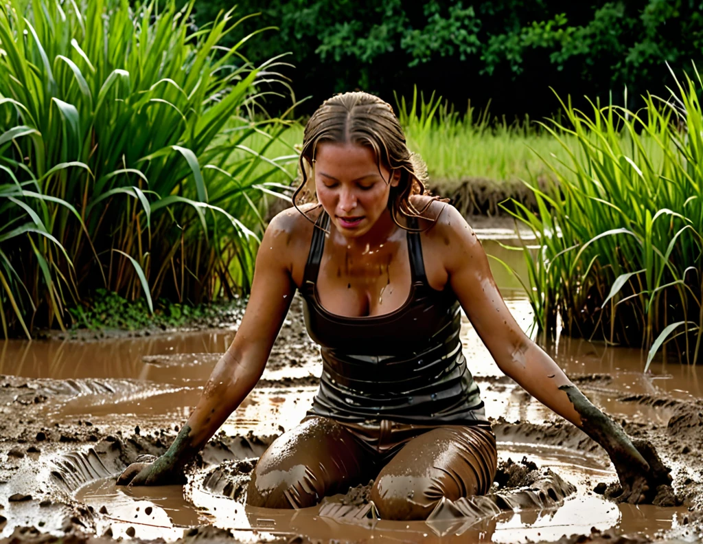 (best quality,4k,8k,highres,masterpiece:1.2), ultra-detailed, (realistic,photorealistic,photo-realistic:1.37), 70s setting, a girl in leather leggings and an old T-shirt who kneels in a muddy pond. she desperately lowers herself onto her butt into the thick, muddy mud as (she simulates intercourse:1.2), creating a wave of mud around her. The woman sits on her knees, lowering herself onto her butt. The scene captures a moment of intense sensory experience as dirt envelops her clothing and skin. The emotions on a woman’s face are difficult to discern; she is between excitement and concentration. The background of the image is a bubbling pond and green bushes in the background.