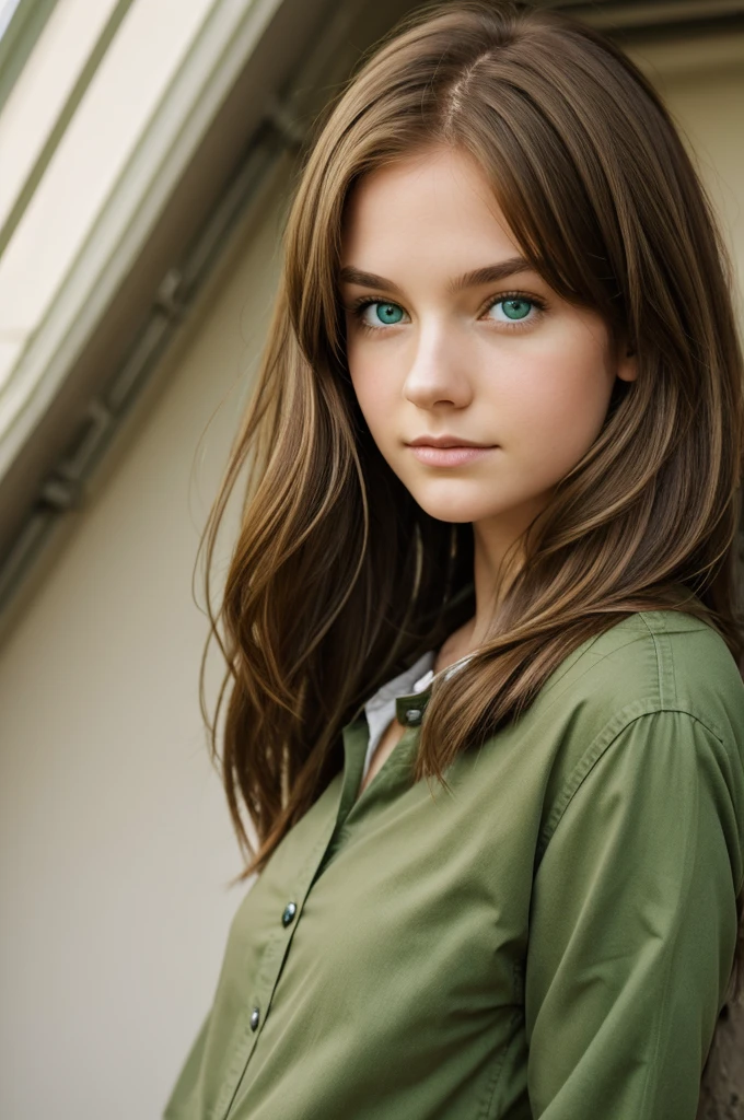 A photograph of a girl with light brown hair, green eyes and pale