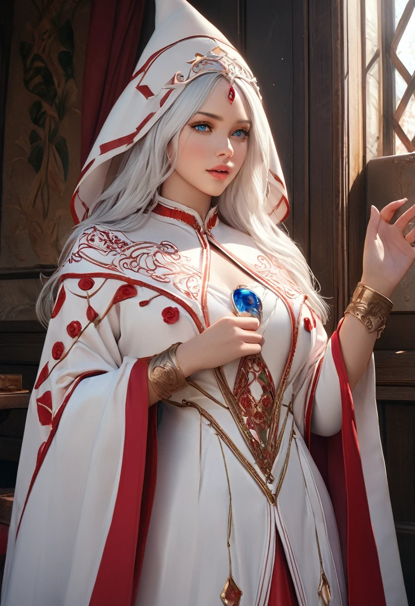 (best quality,4k,8k,highres,masterpiece:1.2), ultra-detailed, (realistic,photorealistic,photo-realistic:1.37),((Highly detailed CG Unity 8k wallpaper)), masterpiece, Super detailed, floating, High resolution, Sexually suggestive, (small, Extremely long white hair, Princess, White Mage, blue eyes, (It has long, wide sleeves and intricate embroidery. A gorgeous layered long dress in white and red with a sheer look), Bridal Veil, Circlet, Bridal Gauntlet, Blushing, shy, arched back, Frilled petticoat, Glamorous corset,