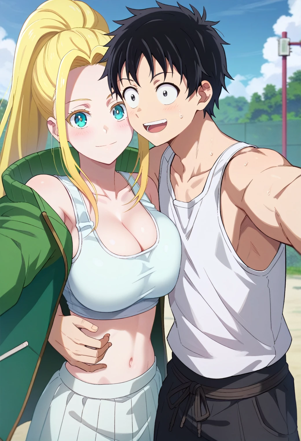 selfie, 1girl, 1boy, hugging, BREAK
tendouakira, white shirt, green jacket, open jacket, and
beatrixamerhauser, white tank top, bare shoulders, BREAK
score_9, score_8_up, score_7_up, score_6_up, anime