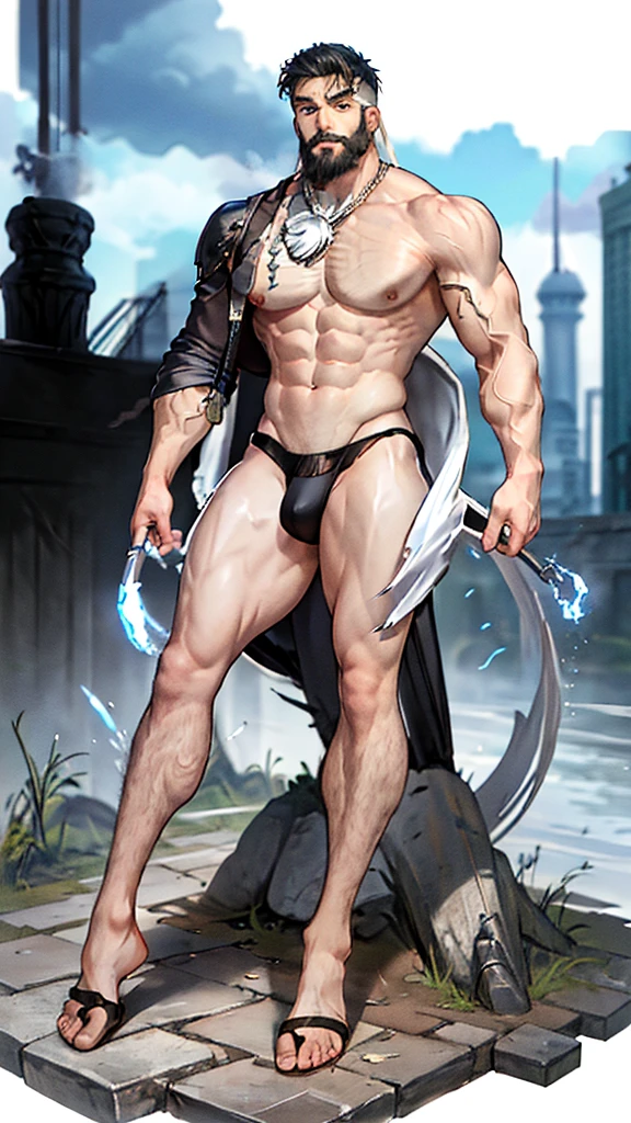 young muscular man, rectangular body, trapezoidal head, with blue eyes, Latin features with a gunslinger-style beard and short silver hair, in short tight underwear, shirtless and tanned skin, posing standing, full body image