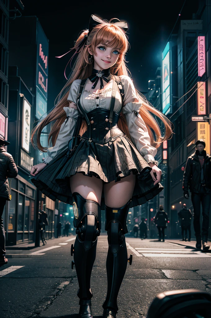 1girl, solo, cowboy shot, smile, underbust, Penny Polendina, long hair, neck ribbon, suspender skirt, corset, black bow, white blouse, mechanical legs, neon trim, walking in cyberpunk city, night, stars moon, vehicles, neon signs, Crowd, (crowd wearing cyberpunk fashion)