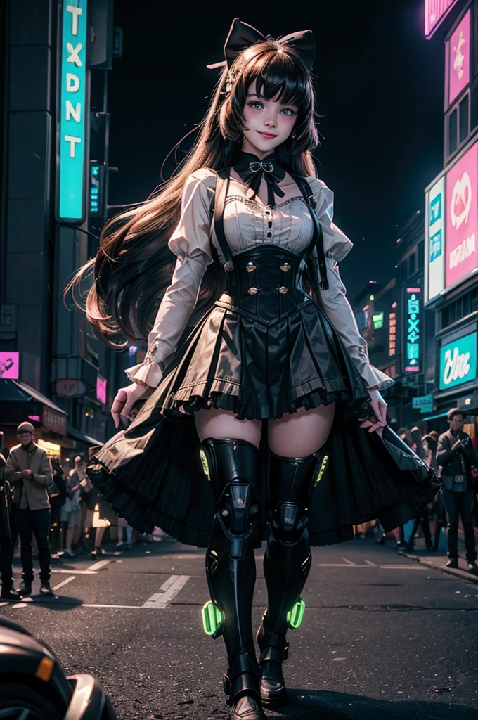 1girl, solo, cowboy shot,  smile,  underbust, Penny Polendina, long hair, neck ribbon, suspender skirt, corset, black bow, white blouse, mechanical legs, neon trim, walking in cyberpunk city, night, stars moon, vehicles, neon signs, Crowd, (crowd wearing cyberpunk fashion)

