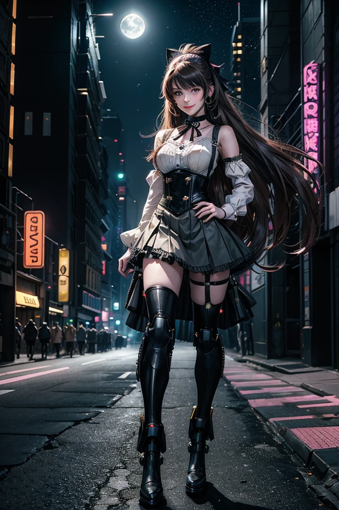 1girl, solo, cowboy shot, smile, underbust, Penny Polendina, long hair, neck ribbon, suspender skirt, corset, black bow, white blouse, mechanical legs, neon trim, walking in cyberpunk city, night, stars moon, vehicles, neon signs, Crowd, (crowd wearing cyberpunk fashion)