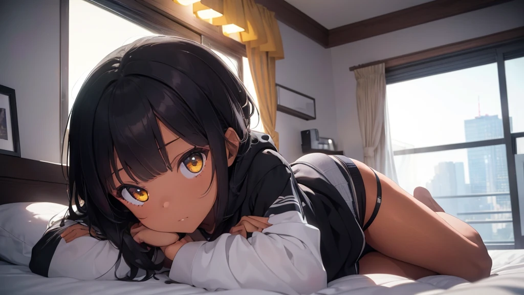 (((Masterpiece, highest quality, high definition, high detail)))), (((modern))), ((bedroom)), ((laying on bed)), (((one girl))), A girl in hotel room at night, beautiful face, tomboy, wearing hoodie, dark pajama shorts, (dark skin2), (black + short wavy hair1.2), yellow eyes, blunt bangs, wearing hoodie, gym panties, blushed face, small breasts, High resolution, dark ambiance by professional AI, hotel room, night, dark sky, looking at viewer, (((One girl in middle))), (((SOLO)))