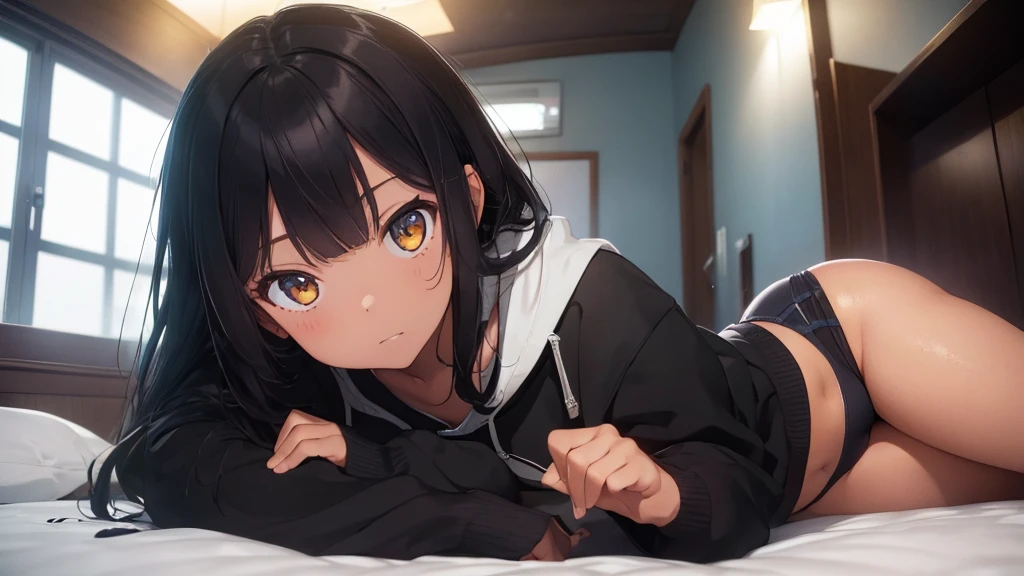 (((Masterpiece, highest quality, high definition, high detail)))), (((modern))), ((bedroom)), ((laying on bed)), (((one girl))), A girl in hotel room at night, beautiful face, tomboy, wearing hoodie, dark pajama shorts, (dark skin2), (black + short wavy hair1.2), yellow eyes, blunt bangs, wearing hoodie, gym panties, blushed face, small breasts, High resolution, dark ambiance by professional AI, hotel room, night, dark sky, looking at viewer, (((One girl in middle))), (((SOLO)))