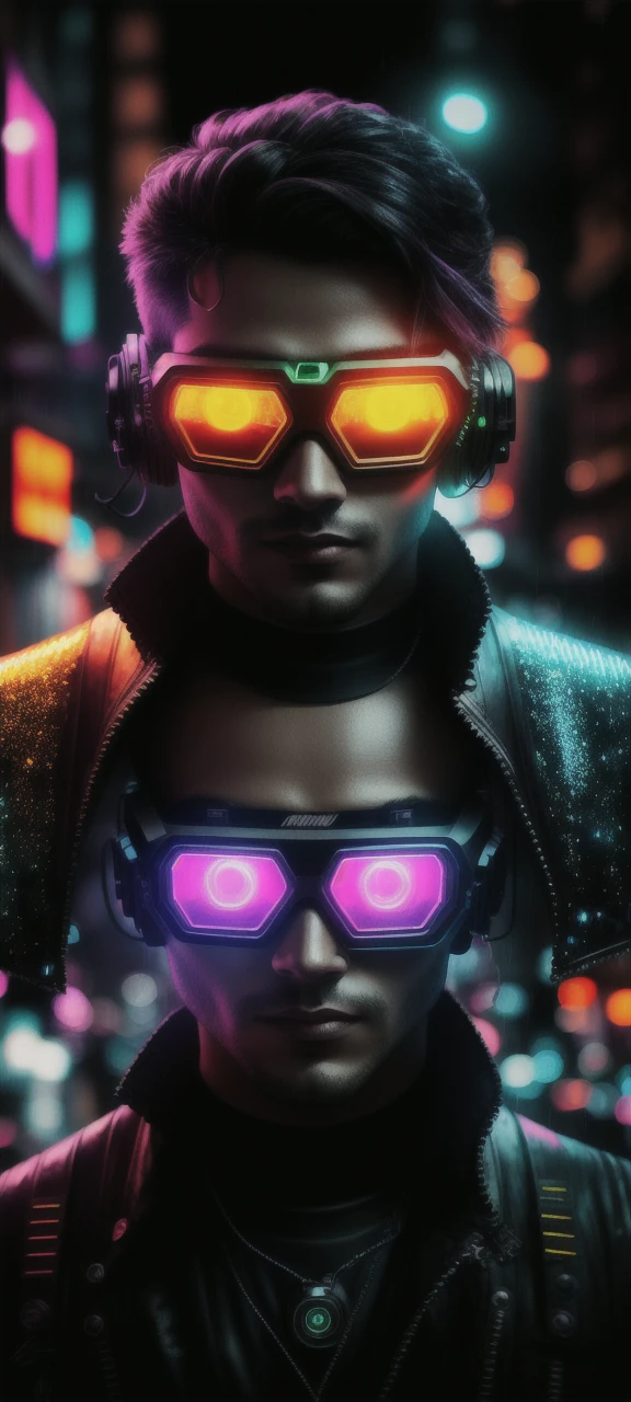 An award winning master piece photo of a cyborg man with psychedelic colors standing in a city street at night in the rain, wearing neon-colored glowing goggles, 8k, (high quality:1.1), (cinematic feeling:1.1), dark deep shadows, incredibly intricate detailing, art , (up close:1.1), from above, looking at viewer, (light sparkles:1.1), (chromatic aberration,:1.2) background with floating light artifacts