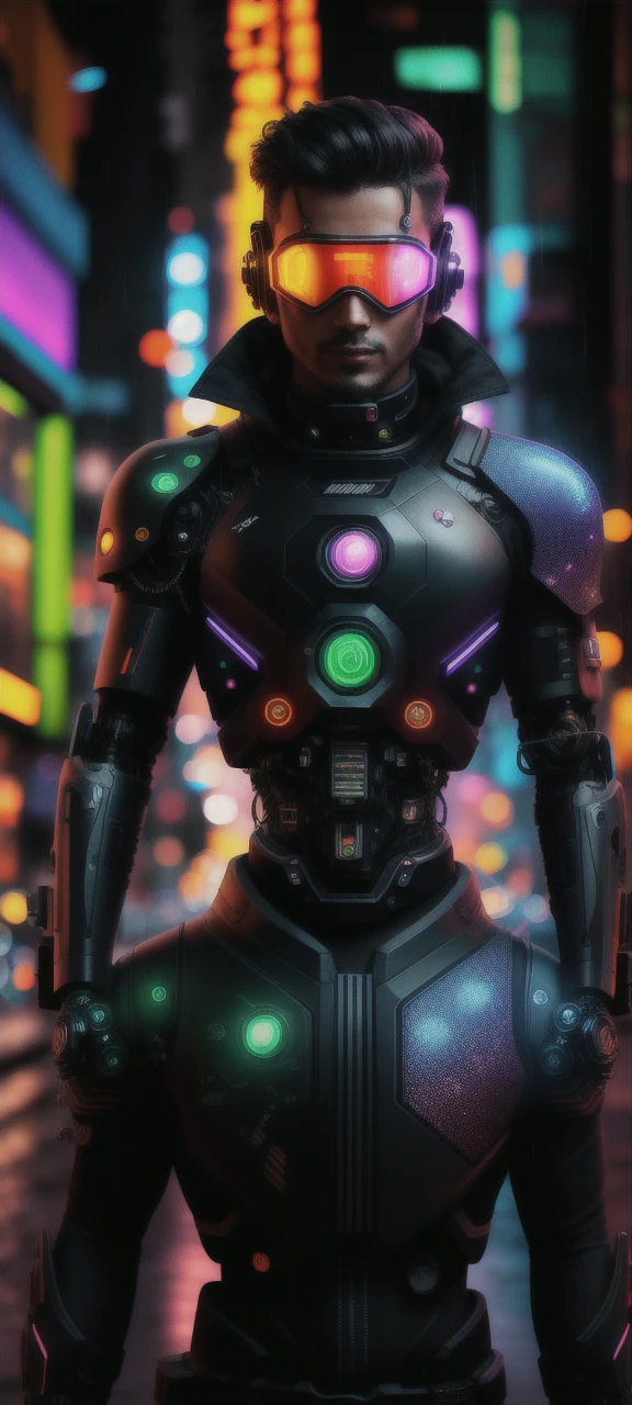 An award winning master piece photo of a cyborg man with psychedelic colors standing in a city street at night in the rain, wearing neon-colored glowing goggles, 8k, (high quality:1.1), (cinematic feeling:1.1), dark deep shadows, incredibly intricate detailing, art , (up close:1.1), from above, looking at viewer, (light sparkles:1.1), (chromatic aberration,:1.2) background with floating light artifacts