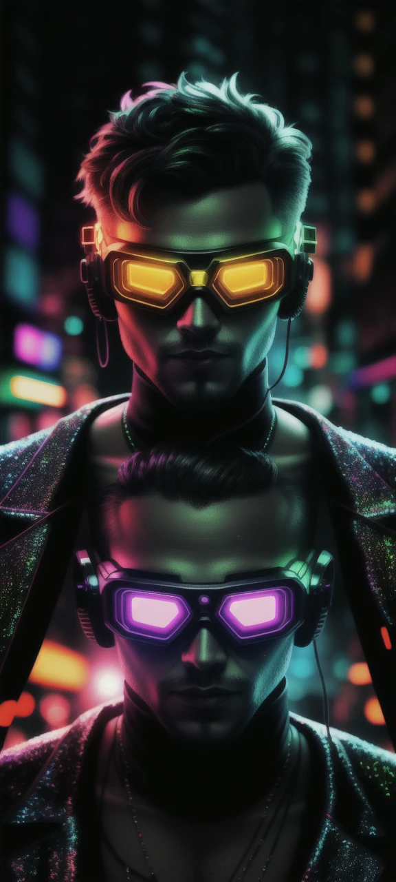 An award winning master piece photo of a cyborg man with psychedelic colors standing in a city street at night in the rain, wearing neon-colored glowing goggles, 8k, (high quality:1.1), (cinematic feeling:1.1), dark deep shadows, incredibly intricate detailing, art , (up close:1.1), from above, looking at viewer, (light sparkles:1.1), (chromatic aberration,:1.2) background with floating light artifacts