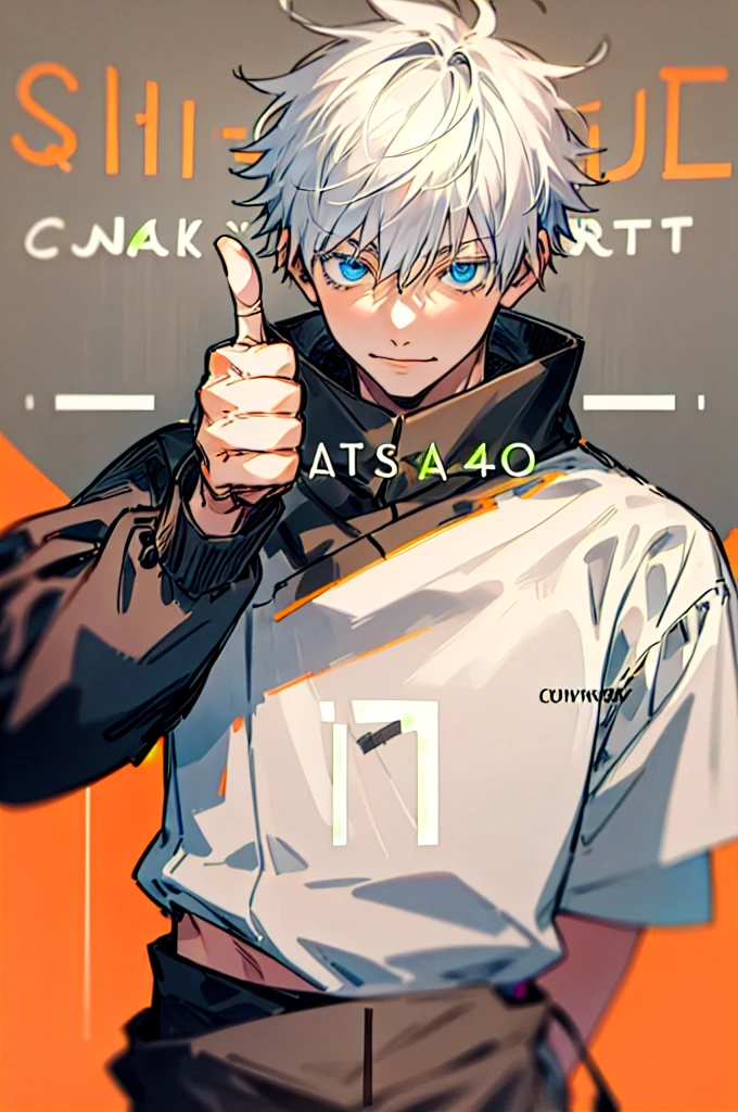 Incrs404,english text,Written On Clothes,1male,portrait,satoru gojo,white hair,short hair,hair between eyes,blue eyes,colored eyelashses,(thumbs_up:1.4),(cowboy_shot:1.3),