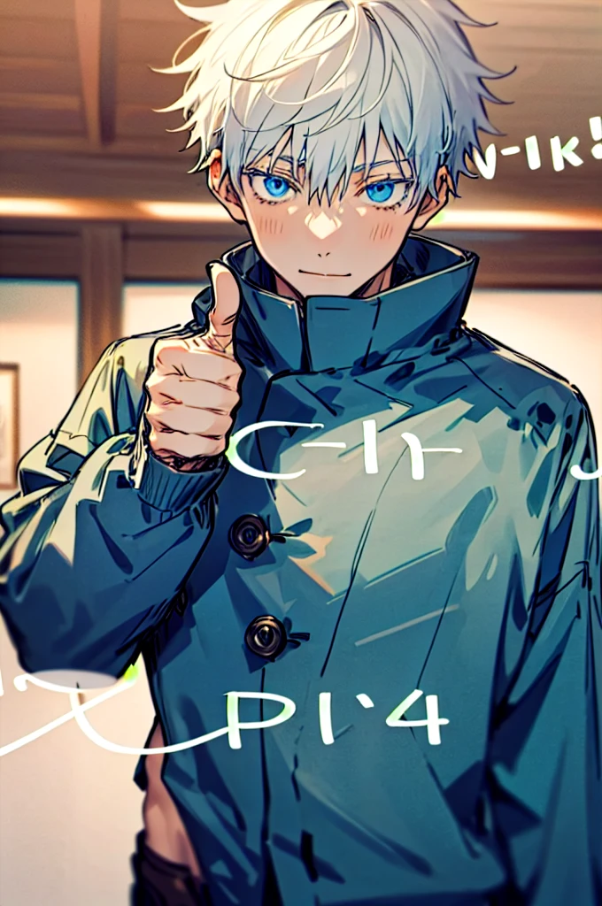 Incrs404,english text,Written On Clothes,1male,portrait,satoru gojo,white hair,short hair,hair between eyes,blue eyes,colored eyelashses,(thumbs_up:1.4),(cowboy_shot:1.3),