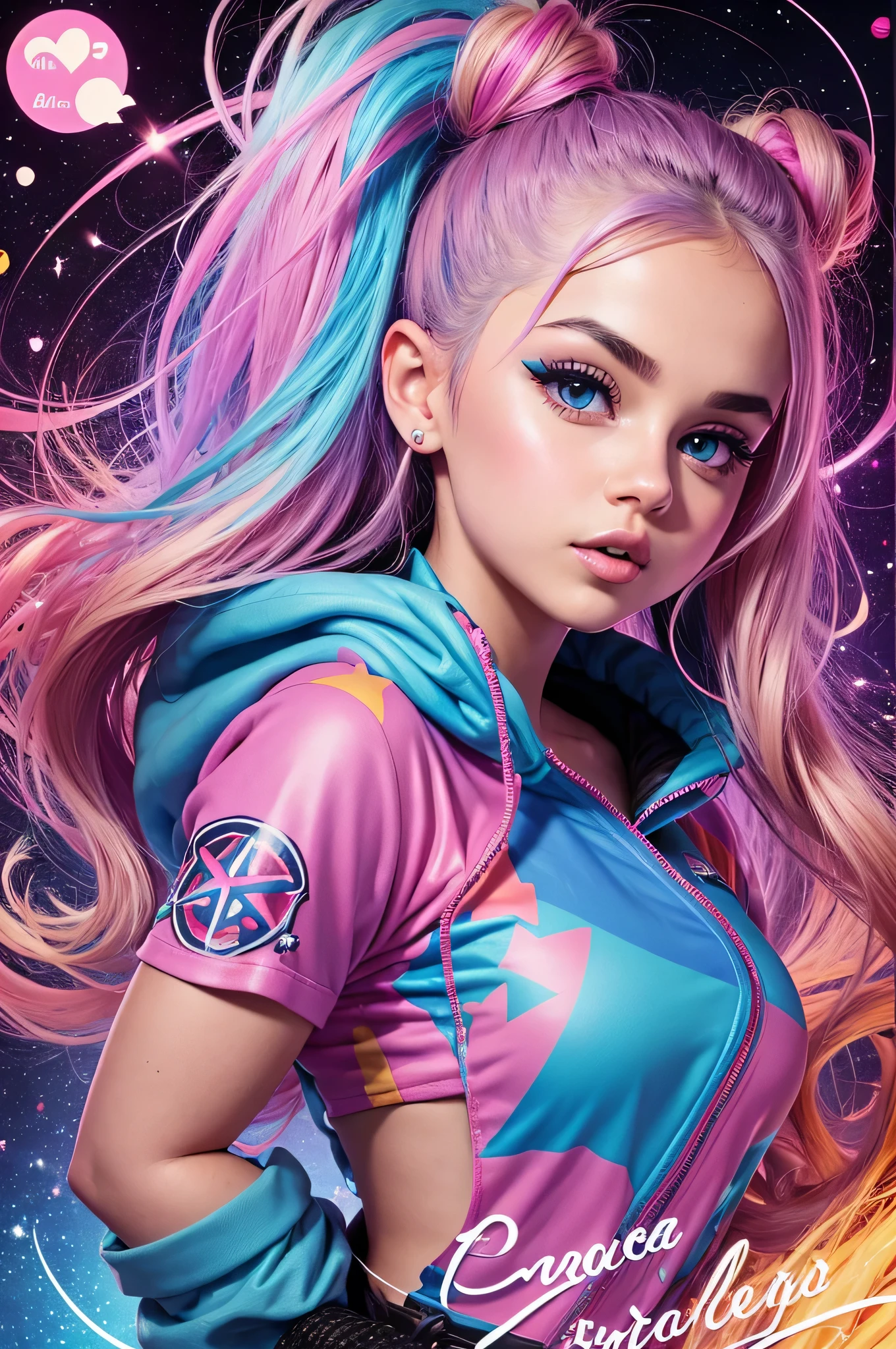 (Selena Gomez), woman with pink and blue makeup and a pink and blue jacket, brown girl in a cosmic dress, chubby, baby faced, bright blue eyes.
cartoon look, ava max, large eyes, lisa frank style, long brown hair and large eyes, ahegao face, alexa grace,
wearing atompunk jumpsuit, inspired by Lisa Frank