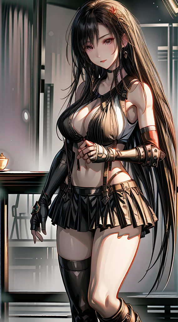 (8k、highest quality、MASTERPIECE:1.2)、(photorealistic:1.3 of 7)、Super Detailed、girl 1 person、mature、solo、(Tifa Lockheart)、(big chest)、(((huge lift clothes to show bra)))、(((black bra)))、(beautiful eyes)、(smiling:1.2)、(Closed)、erotic pose、dance、neons、street scenery、Depth Of Field、Dark and strong shadows、Sharp focus、auto、motion blur、bike、Depth Of Field、composition、Glowing green light、Final Fantasy VII, (nose blush)、Single Elbow Pad、Ankle Boots、dark black hair、toned thighs、red boots、Elbow Gloves、Elbow pads、Fingerless Gloves、Taut Shirt、sports bra、(suspenders), (Black Skirt)、thights、white tank top、All over body、head rest、Lips、Facial、Low Tai Long Hair、(red_Ojo)、Yellow flowers、(night:1.3)、Complex、Bokeh、Cinematic Lighting、Photon mapping、Radiosity、physically based rendering、(Tetsuya Nomura Style)、NSFW、Perfect Breasts