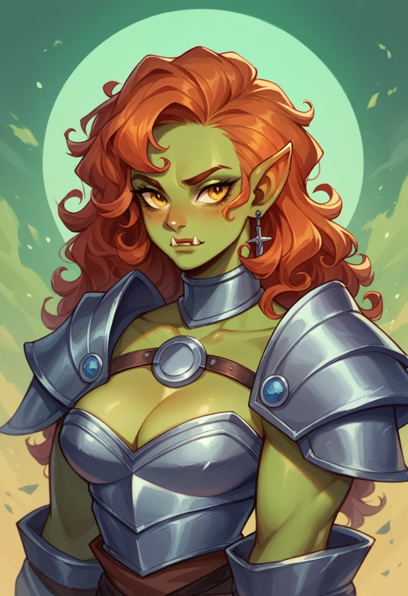 in D&D art create a female half orc, he is a full armored paladin, she has green skin, charming golden eyes, long darkl curly hair, he has a sword and a shild with a sacred symbol. The back ground is a dungeon