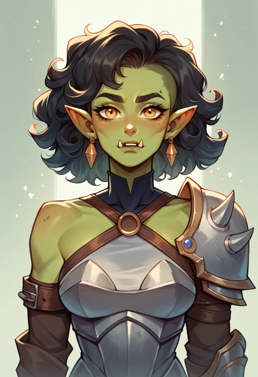 in D&D art create a female half orc, he is a full armored paladin, she has green skin, charming golden eyes, long darkl curly hair, he has a sword and a shild with a sacred symbol. The back ground is a dungeon