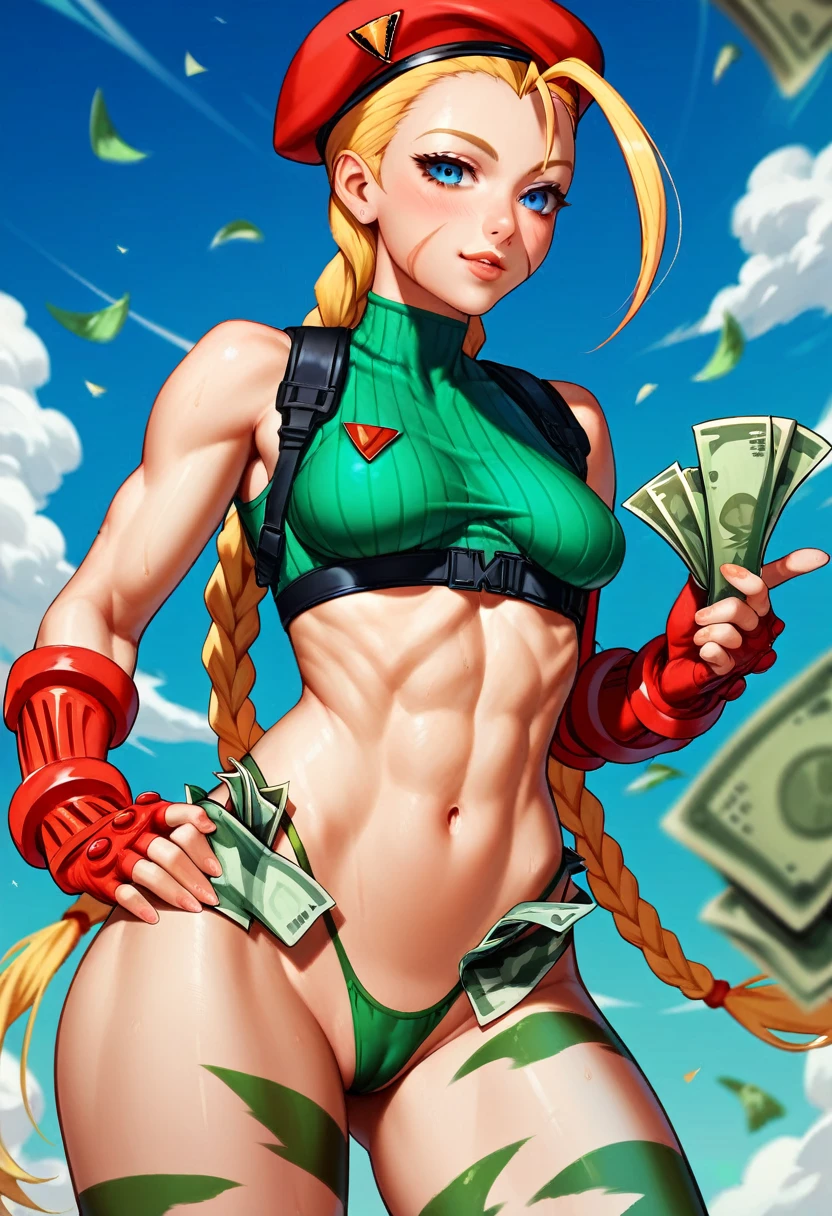 ((Best resolution)), ((high quality:1.2)), Work of art, 8k, extremely detailed, ((High detail:1.2)), Sakimi-chan, (Cammy white), a girl with 18 years old, ((Money thong panties)),