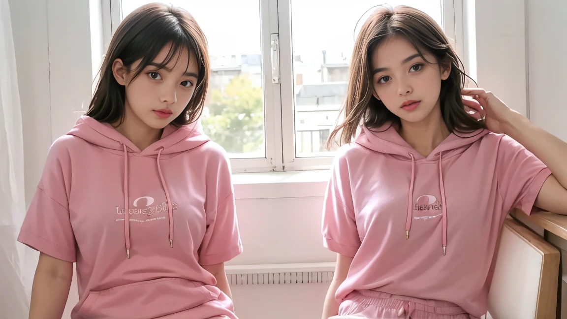 deux femmes ensemble de 18 ans sexy et mince , pink short sleeve hoodie , salle de classe, se touche,position sey,sensuel