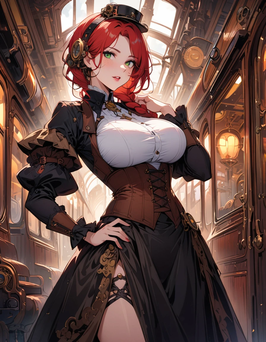 SteamPunk AI, A beautiful woman, posing, with freckles, green eyes and long red hair braided, in a corset with big breasts, standing on a Steampunk train