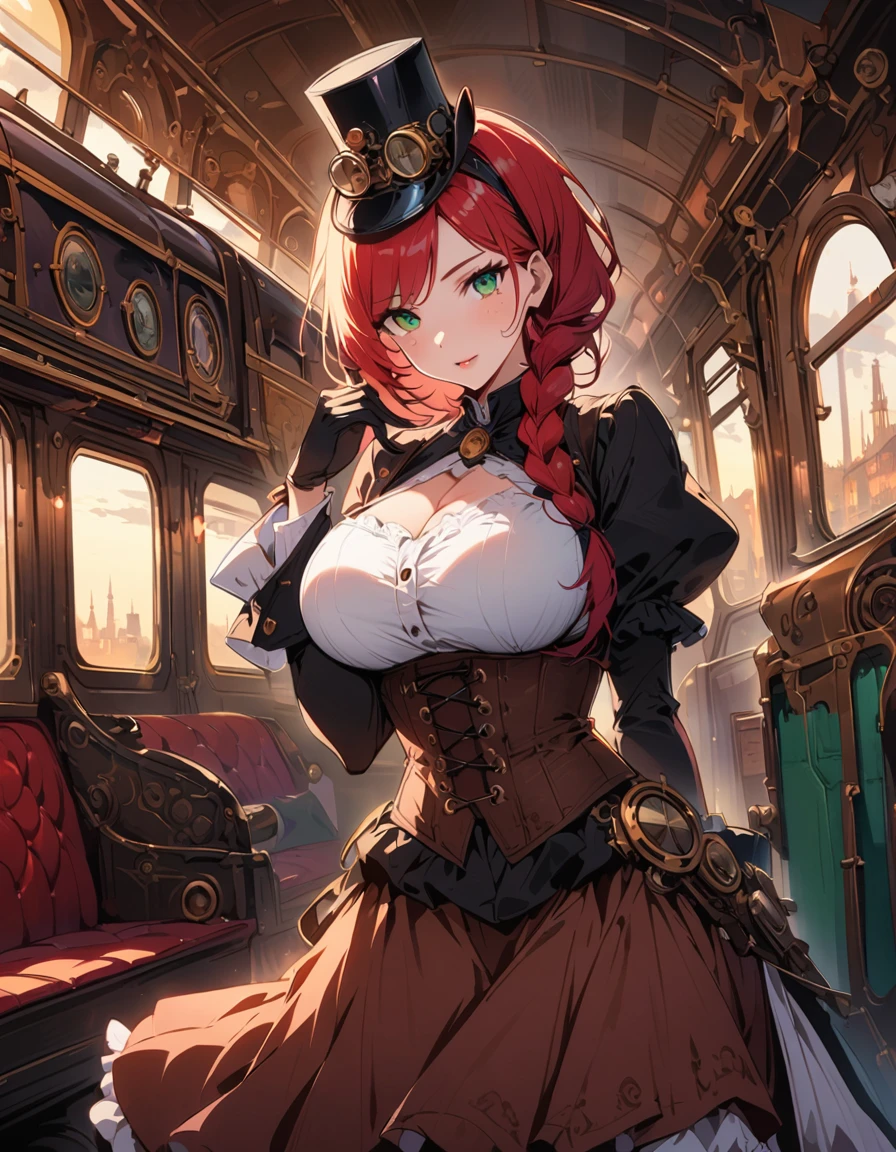 SteamPunk AI, A beautiful woman, posing, with freckles, green eyes and long red hair braided, in a corset with big breasts, standing on a Steampunk train