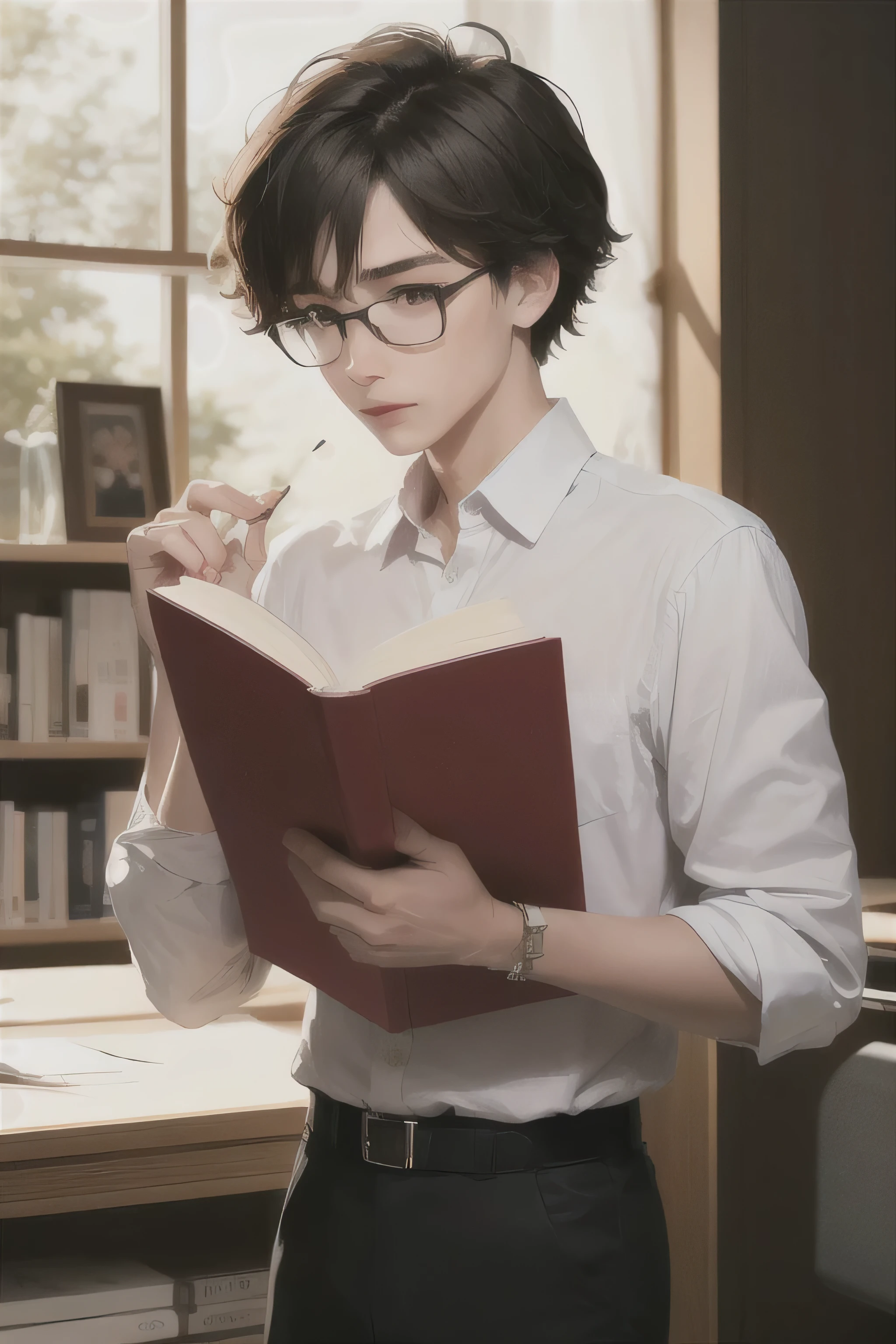boy, 1.70 m. Physique: thin, tall. Hair: dark brown, medium, wavy. Eyes: light brown, wears glasses. White skin. Wearing an oversized blouse and white shorts. Holding a book.