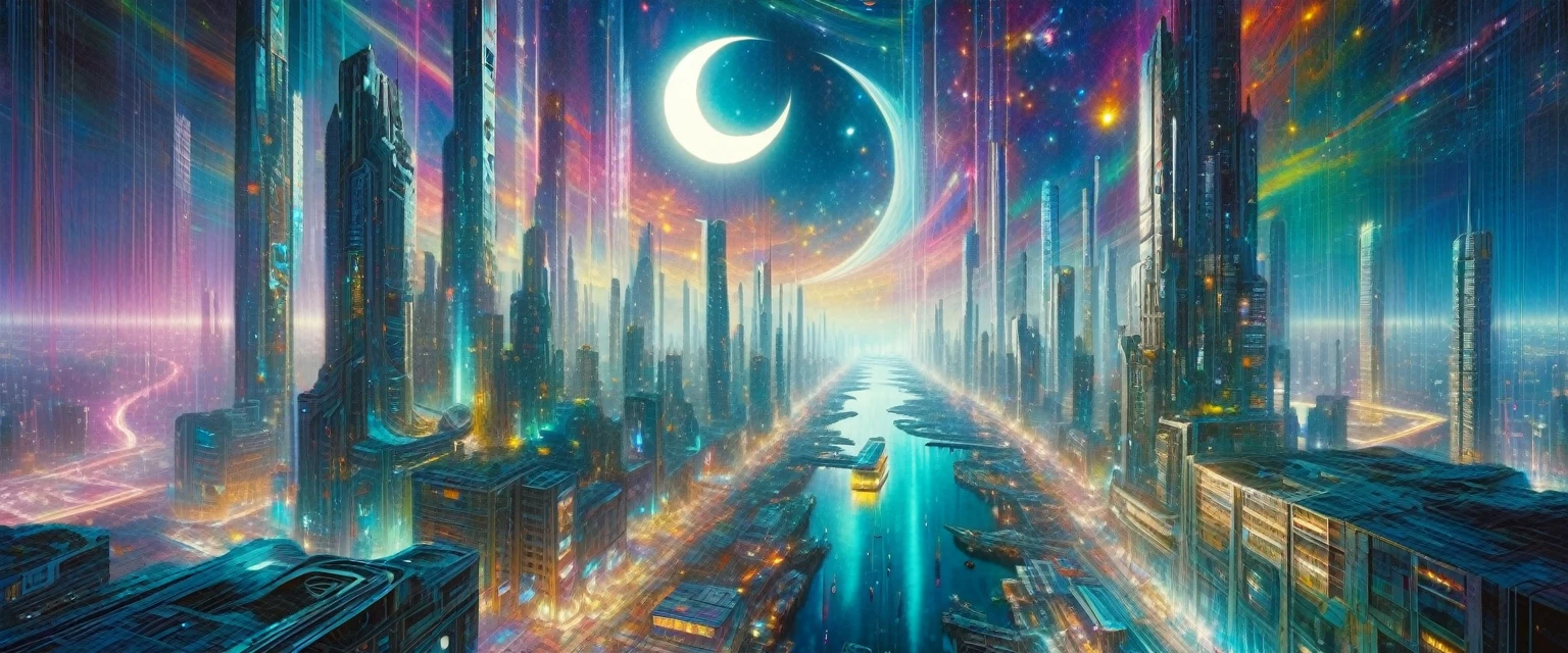 A futuristic abandoned city, towering skyscrapers, crumbling architecture, neon lights, floating vehicles, magical energy fields, surreal landscapes, starry night sky, crescent moon, cinematic camera angle, oil painting, hyper-detailed, photorealistic, dramatic lighting, vibrant colors, seamless composition, intricate textures, cinematic atmosphere, inspired by Bill Sienkiewicz