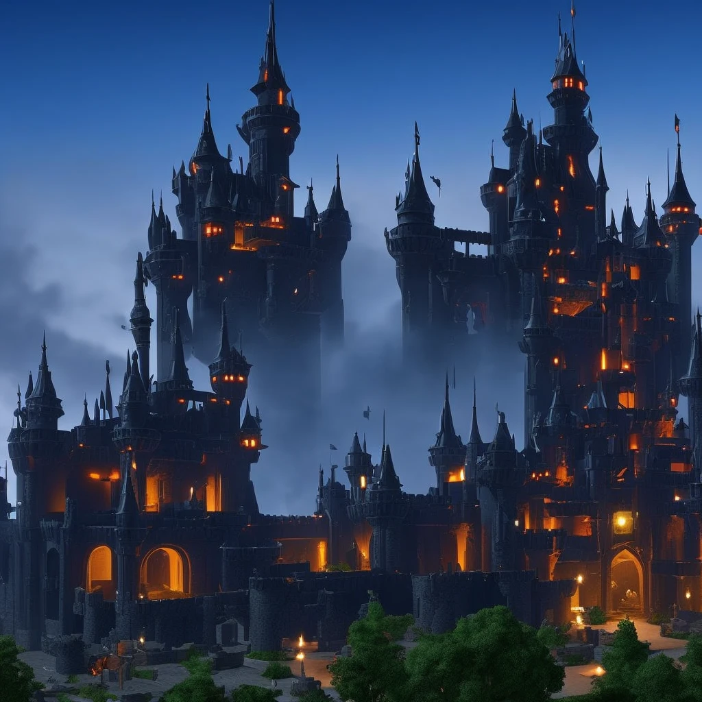 A big dark evil castle with mounted guns and an army guarding it