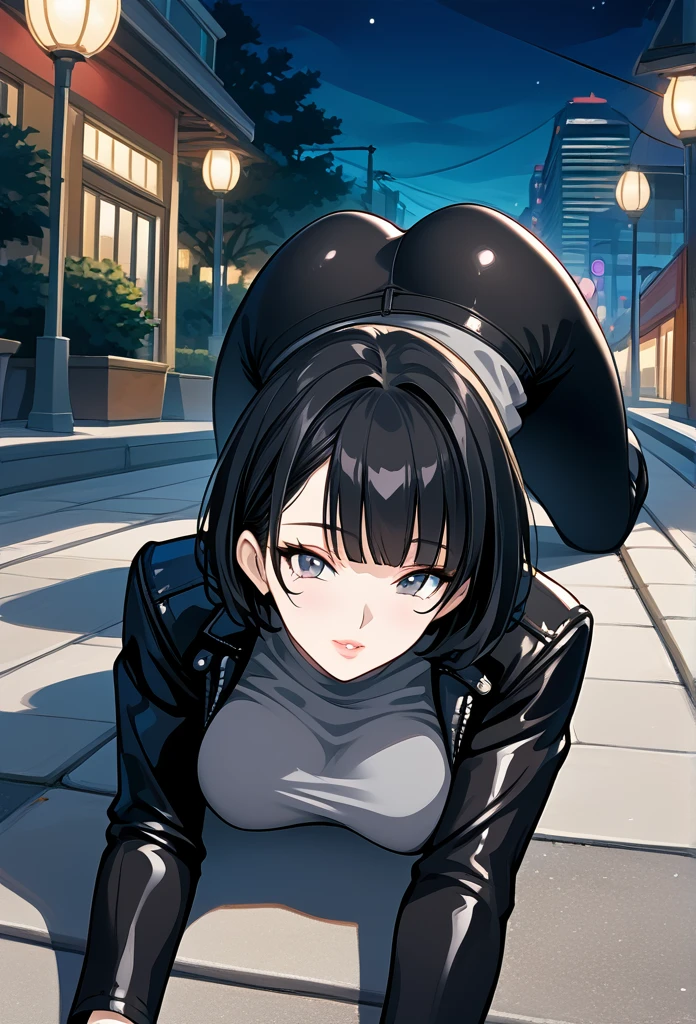 mature woman, mature face, hot face, glossy lips, (black hair, short hair, hime bangs), mature body, big breast, gray shirt, tight shirt, (black leather jacket), tight pants, big ass, sidewalk, ass up head down, spreading legs, (night), front view