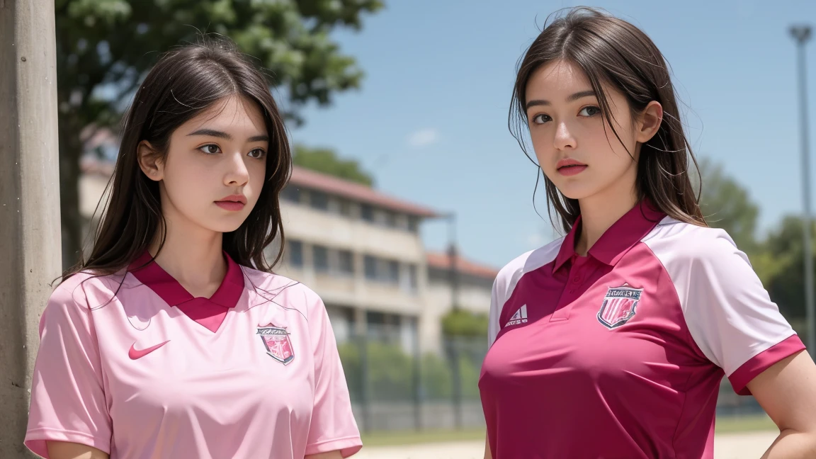 deux femmes ensemble de 18 ans sexy et mince , pink short sleeve football uniform, salle de classe, se touche,position sey,sensuel