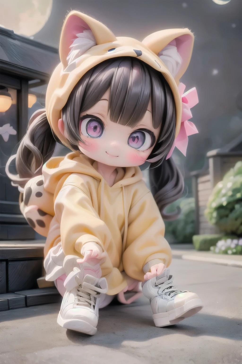 cute chibi girl smiling wearing a (cheetah kigurumi), action pose, dynamic angle, location garden at night, garden outdoors, starry sky, moon