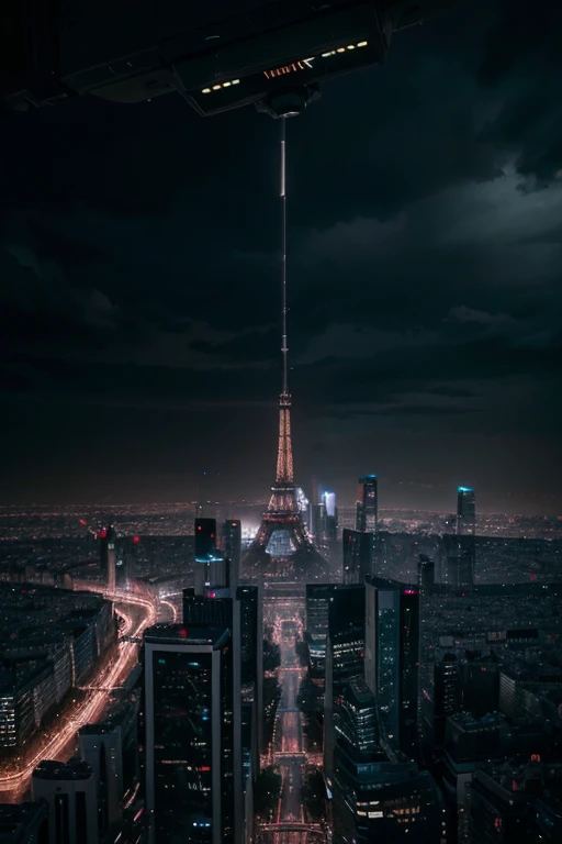 a futuristic paris cityscape, flying cars, hovering skyscrapers, neon lights, cyberpunk atmosphere, dramatic lighting, cinematic composition, muted color palette, moody and atmospheric, intricate architectural details, advanced technology, sleek and modern design, dynamic camera angle, urban landscape, stunning vista, photorealistic, highly detailed, 8k