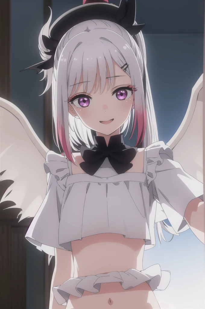 highres, masterpiece,highest quallity, ultra detailed, (detailed eyes), (detailed face), 1girl,illustration, white hair, red eyes, highest details, (luminous eyes), flat breats, backlighting, (midriff:1.4), light rays, high contrast, colorful,komori_idol, (ponytail:1.2),(happy:1.2),looking at viewer,upper body,(white shirt:1.3),(small hat with bat wings),(hairclip:1.2)