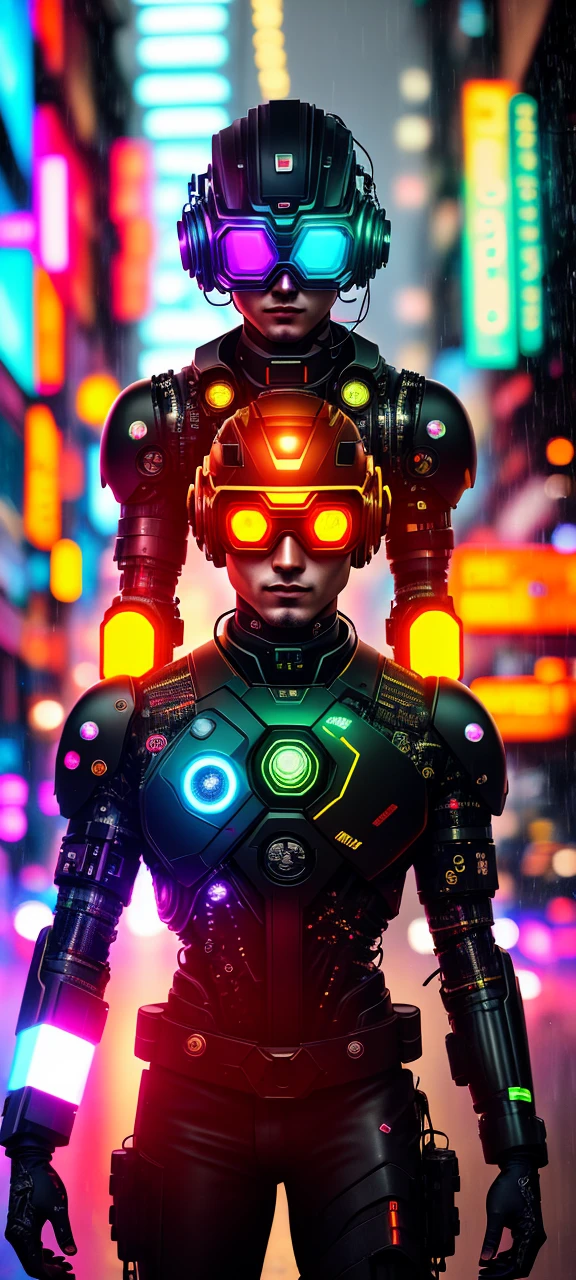 An award winning master piece photo of a cyborg man with psychedelic colors standing in a city street at night in the rain, wearing neon-colored glowing goggles, 8k, (high quality:1.1), (cinematic feeling:1.1), dark deep shadows, incredibly intricate detailing, art , (up close:1.1), from above, looking at viewer, (light sparkles:1.1), (chromatic aberration,:1.2) background with floating light artifacts