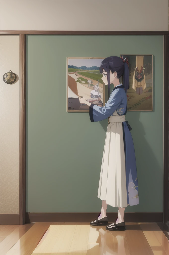 Genshin style, small curved loli, official artwork, a painting hanging on the wall, gorgeous wall, golden splendor, CG, art