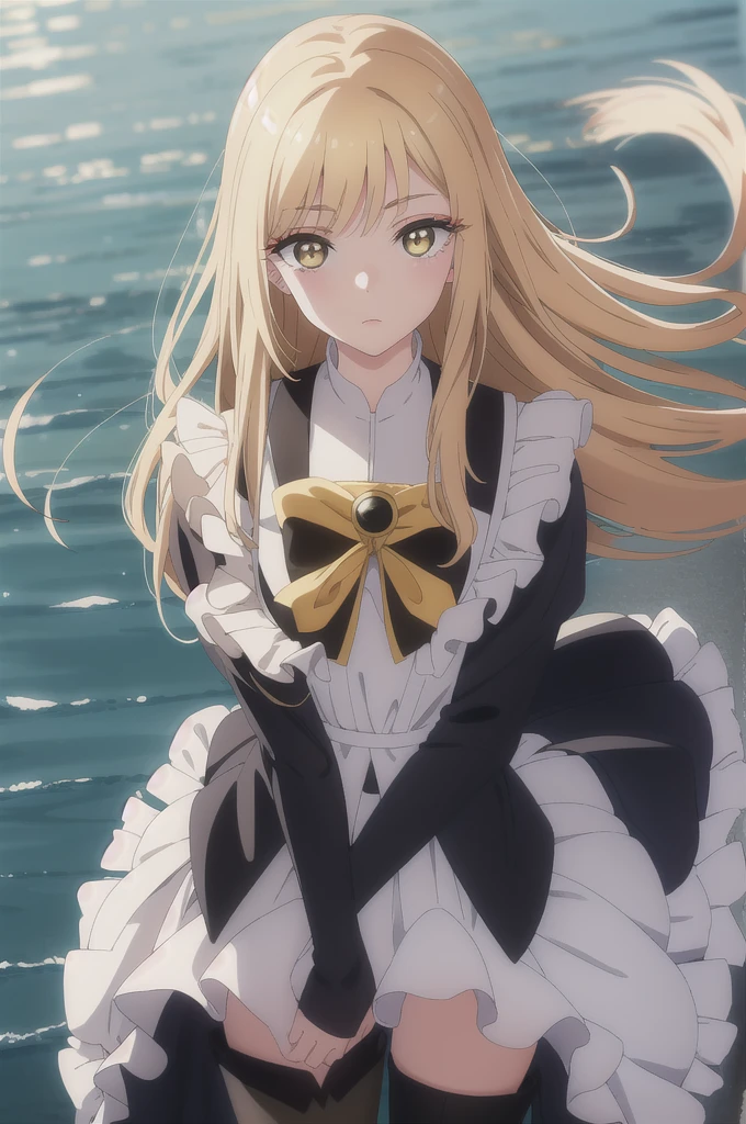 Medium shot, medium shot, depth of field, bust, upper body, cinematic angle, masterpiece, best quality, super detailed, CG, 8K wallpaper, pretty face, delicate eyes, a maiden, solo, white long hair, yellow eyes, hairpin, white shirt, black hooded jacket, black baseball cap, black stockings, black over-the-knee boots, sunset, medieval port, harbor, detailed water surface, sun reflection