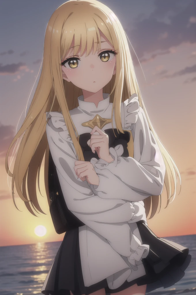 Medium shot, medium shot, depth of field, bust, upper body, cinematic angle, masterpiece, best quality, super detailed, CG, 8K wallpaper, pretty face, delicate eyes, a maiden, solo, white long hair, yellow eyes, hairpin, white shirt, black hooded jacket, black baseball cap, black stockings, black over-the-knee boots, sunset, medieval port, harbor, detailed water surface, sun reflection