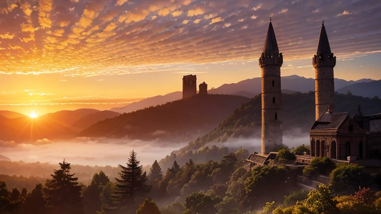 (Sunrise Time), Ancient city, Vivid sunrise, Tall Tower, Stone house, Fine details, Morning Mist, Light and shadow contrast, Silence, Remains, Natural light, landscape, Time lapse, Old Life, Nostalgic