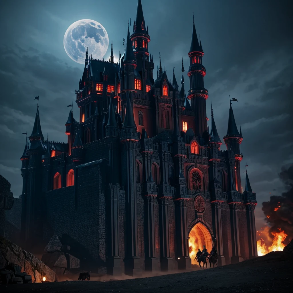 A big dark evil castle with mounted guns and an army guarding it