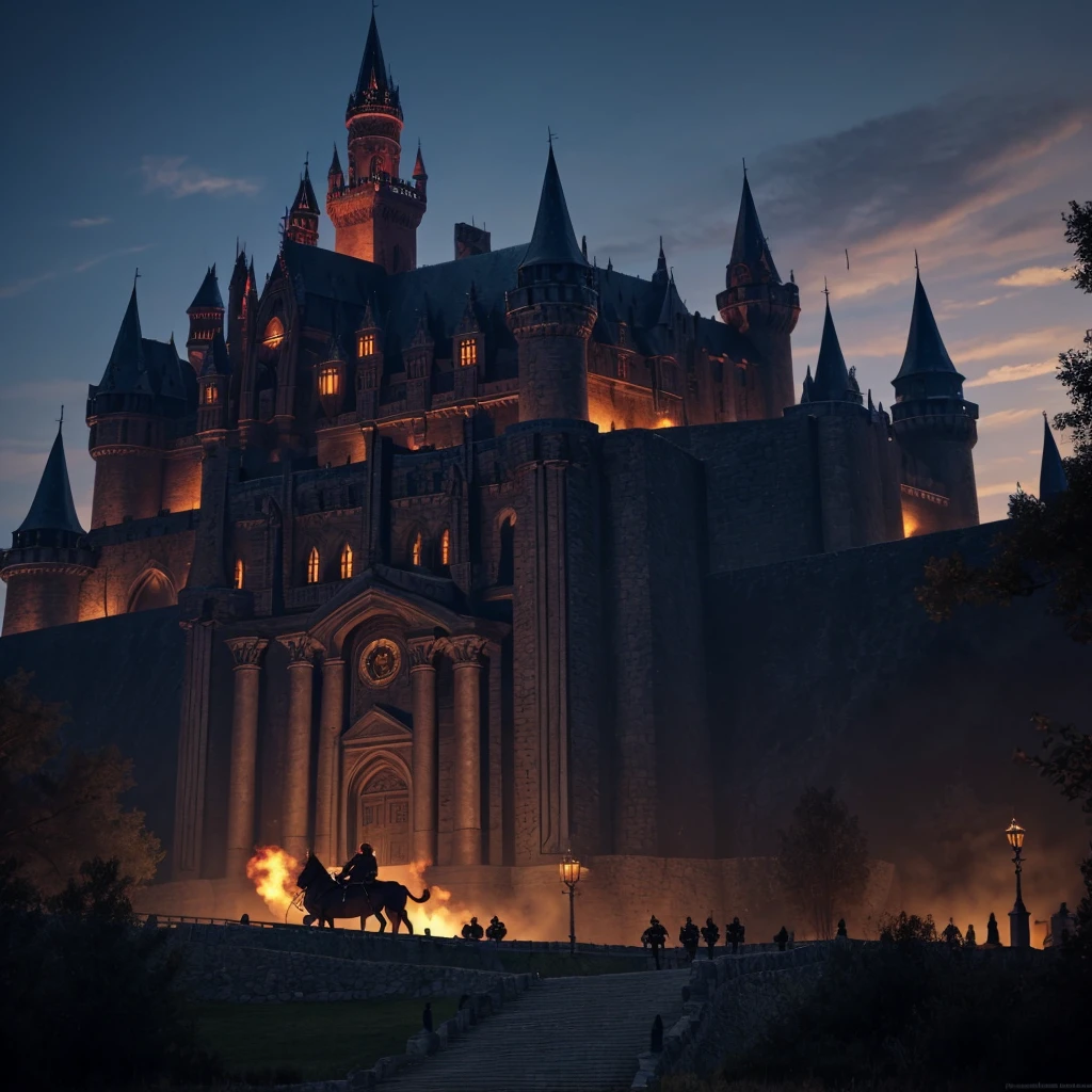 A big dark evil castle with mounted guns and an army guarding it
