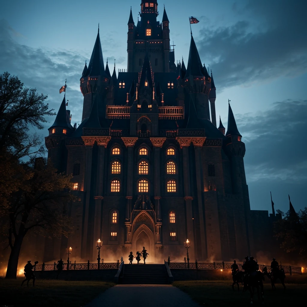 A big dark evil castle with mounted guns and an army guarding it