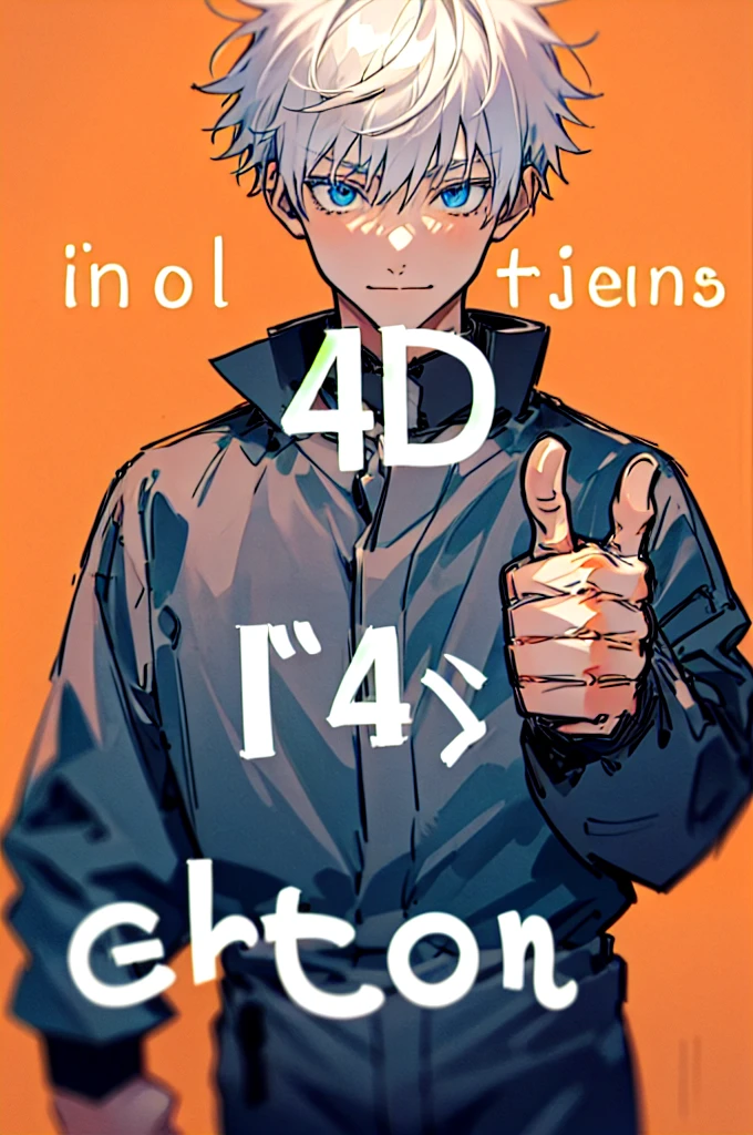 Incrs404,english text,Written On Clothes,1male,portrait,satoru gojo,white hair,short hair,hair between eyes,blue eyes,colored eyelashses,(thumbs_up:1.4),(cowboy_shot:1.3),